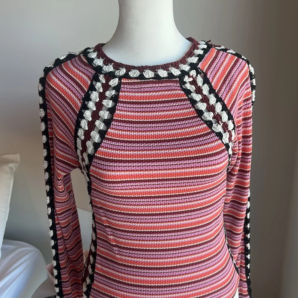 Free People Sunny Day Cuff Waffle Blouse With Crochet - Picture 6 of 9